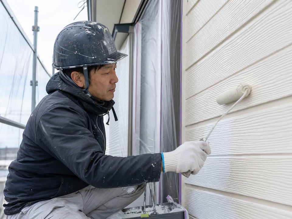 外壁を丁寧に塗装する職人